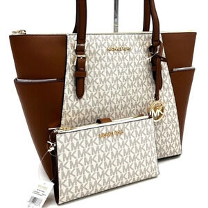 Michael Kors Large Charlotte Tote Bag & Large Double Zip Wallet Vanilla/Brown